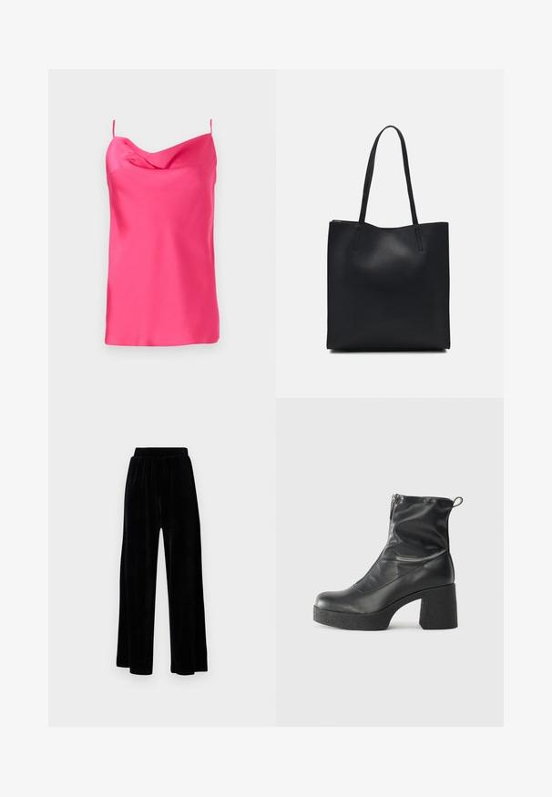 Ujjatlan, fukszia szatén felső, cseppkő dekoltázzsal és vékony pántokkal. Simaság jellemzi puha eséssel, az alján egyenes szegéllyel.; Fekete, széles szárú nadrág puha velúrból, rugalmas derékkal és sima textúrával, látható díszítés vagy mintázat nélkül.; Fekete bokacsizmák sima bőrből, oldalsó cipzárral, vastag, texturált sarkú és lekerekített orrú dizájnnal.; Fekete bőrtáska sima felszínnel, téglalap alakú, két hosszú füllel. Nincs látható fémkiegészítő vagy díszítés.