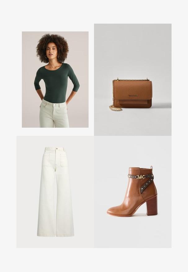 Kihara naiste juustega naine, kellel on seljas roheline kolmeveerandi varrukatega topp ja heledast beežist riidest püksid, seismas käed selja taga lihtsa tausta ees.; Laiad teksad heledast denimist. Kõrge vöökoht, nööbivöö, kaks esikotitäit ja kontrastsed õmblused.; Pruun nahkne pahkluu saabas, millel on kõrge plokk konts, külgrihm kullast nänni ja kuldne "MK" logo pandla.; Pruun tekstureeritud nahk ristkeha kott kuldse ahelaga rihmaga ja klapiga sulgemine. Esiküljel on logo detail ja tasku klapi all.