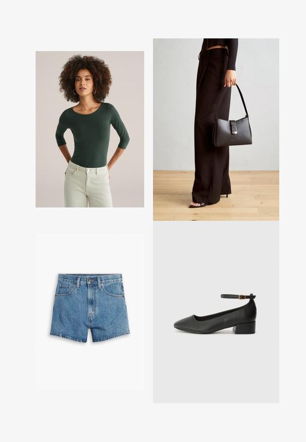 Göndör hajú nő zöld, háromnegyedes ujjú felsőt és világos bézs nadrágot visel, kezeit a háta mögött tartja, sík háttér előtt.; Világoskék farmer rövidnadrág, öt zsebbel, cipzáros megoldással és gombos záródással. A szegélyt megkoptatták, és laza szabású dizájn jellemzi.; Fekete bőr magassarkú cipő hegyes orral és alacsony tömb sarkal. Bokapánttal rendelkezik, aranyszínű csattal. Simább textúra.; Fekete kézi táska strukturált formával, sima textúrával és fémből készült záródással. Széles fekete nadrággal és nyitott orrú szandállal párosítva, fából készült padlón.