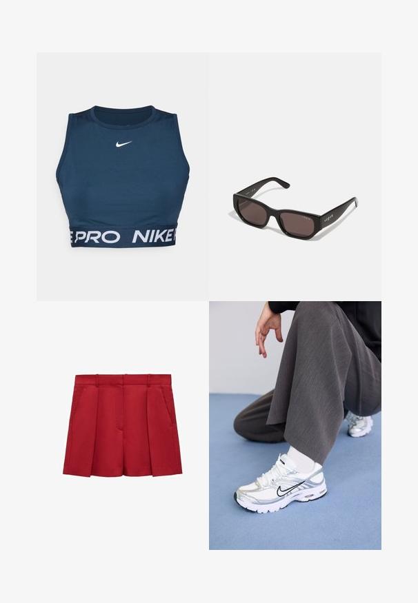 Námornická sportovní podprsenka vyrobená z elastického materiálu. Má kulatý výstřih a kontrastní bílý pruh s logem "NIKE PRO" na spodní části. Hladká textura.; Červené přizpůsobené šortky vyrobené z lehkého materiálu, s plochým předním dílem, dvěma bočními kapsami a čistým povrchem s bokovými sklady.; Bílé a stříbrné sportovní boty vyrobené z prodyšných a syntetických materiálů, s černými akcenty, tkaničkami a texturovanou podrážkou.; Černé obdélníkové sluneční brýle s tmavými skly. Vybaveny hladkým plastovým rámečkem a detailem loga na spánku. Čistý, moderní design.; Burgundská kabelka vyrobená z umělého materiálu se strukturovaným designem, která má odnímatelný popruh a kroužek, na kterém je uvázaný šátek s květinovým vzorem.