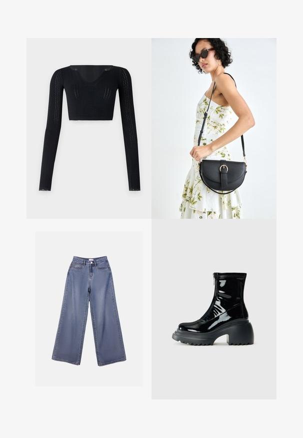 BDG Urban Outfitters GOING FOR GOLD POINTELLE - Long sleeved top - black; Wide-leg denim jeans in a light blue wash, featuring a high waist, front pockets, and a button closure with belt loops.; Glossy black platform ankle boot with rounded toe, chunky heel, zipper closure, and thick ridged sole against a white background.; Black leather handbag with a curved shape, detachable strap, and gold hardware. The bag features a flap with a buckle detail.