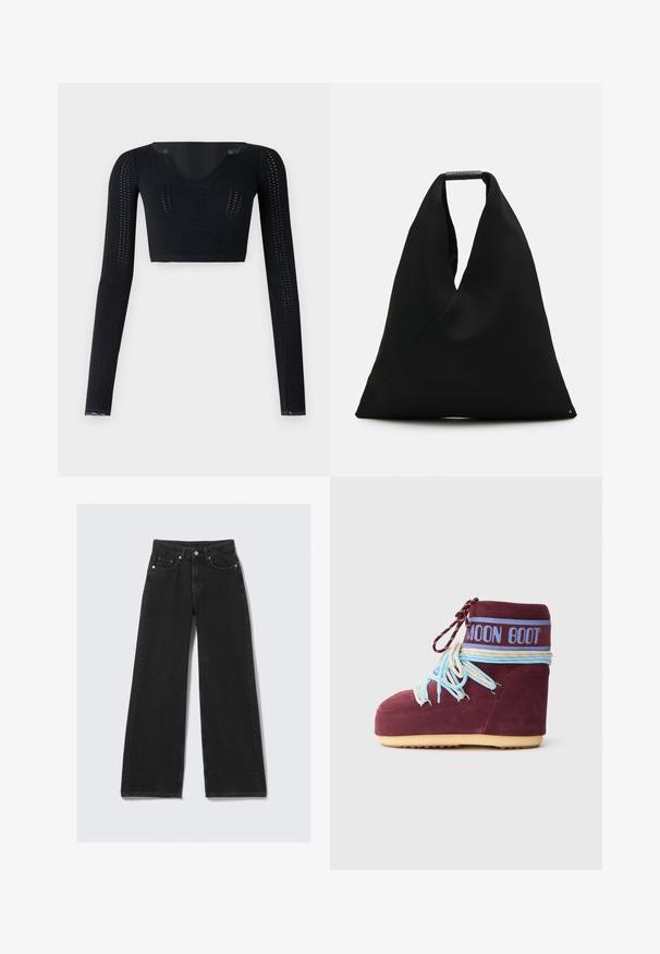 BDG Urban Outfitters GOING FOR GOLD POINTELLE - Pitkähihainen paita - black; Pohjola mustat farkut leveillä lahkeilla, joissa on kapea vyötärö, kestävä kangas, etutaskut ja kultasävytteiset yksityiskohdat.; Maroninahkainen Moon Boot vaaleansinisin ja vaaleanruskein nauhoin nilkassa, sininen logo-nauha ja vaaleanbeige pohja valkoista taustaa vasten.; Mustat kangasnaisikkat, joissa on ainutlaatuinen V-muotoinen muotoilu ja sileä pinta. Varustettu lyhyellä kahvalla, jossa on minimalistinen metallikoriste.