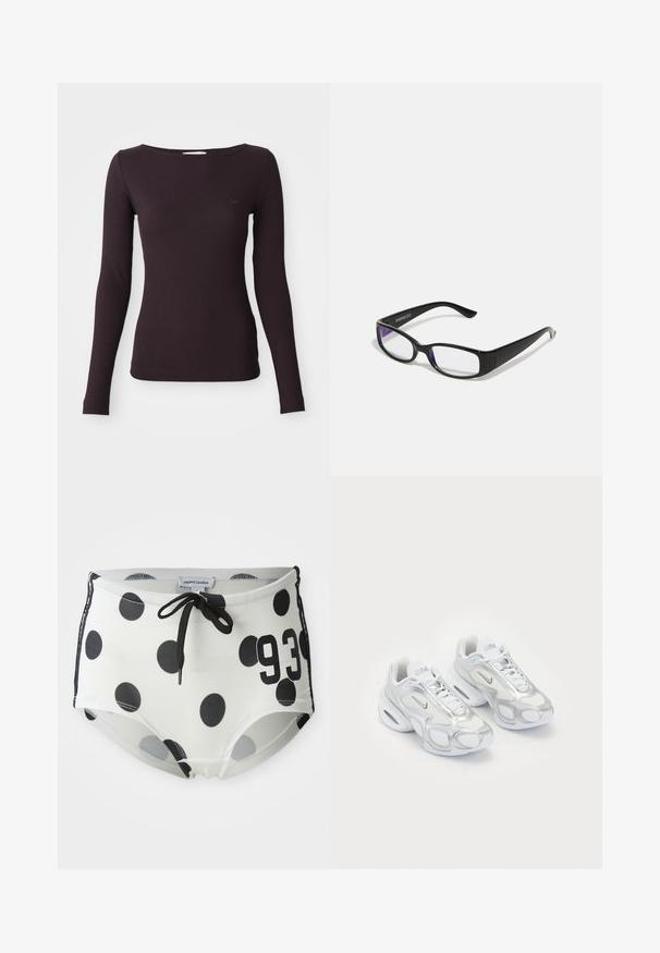 Tumedast lilast pikkade varrukatega sooniktop, millel on ümar õlavarre lõik. Jõuline siluett ning pehme tekstuur, millel on rinnaosal tagasihoidlik logodetail.; Mustvalged must-valgete täppidega ujumispüksid kummeeritud vöökohaga, mille esiosal on number "93" ja mis on valmistatud siledast ja venivast kangast.; Valged spordijalatsid, millel on võrgust ülemine osa, hõbedased aktsendid, ainulaadne kuju ja õhupehmendus kandades. Sidekummiga disain koos logoga.; Mustad mustad prillid selgete läätsedega. Läikiv viimistlus, kitsad vars, ja läätsede servadel on nähtav lilla varjund.