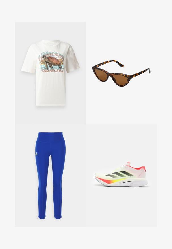 Balta medvilninė marškinėlių su grafine dizaino vaizdu žuvininką ir kalnus, su tekstu "Aplankykite Havajų salas Billabong" spalvingais rašmenimis.; Mėlynos sportinės legging'os su aukštu liemeniu, pagamintos iš tamprios medžiagos, su balta logotipu ant kairiojo klubų ir diskretiškomis siūlėmis.; Bėgimo bateliai su lengva balta tinkline viršūne, juodais dryžiais, neoninės geltonos spalvos akcentais, rožiniu kulnu ir išlenktu baltu padu.; Katės akies saulės akiniai su juodu ir oranžiniu šarvuotu rėmeliu, ruda objektyvu ir elegantiškais, smailiais galiukais. Rėmelyje yra minimalus logotipas ant šventės.