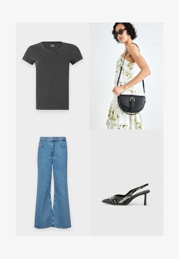 Tmavě šedé tričko s výstřihem do V vyrobené z jemné tkaniny. Má krátké rukávy a malé logo na hrudi. Jednoduchý design s minimálními detaily.; Světle modré rozšířené džíny z denimu, se zvýšeným pasem, pěti kapsami a jedním knoflíkem na zapínání. Měkký povrch s vybledlým vzhledem.; Černá lakovaná slingback obuv s špičatou špičkou, kotníkovými pásky s kovovými sponami a příslušenstvím, a štíhlým podpatkem.; Černá kožená kabelka s křivkovým tvarem, odnímatelným popruhem a zlatými detaily. Kabelka má klopu s přezkou.
