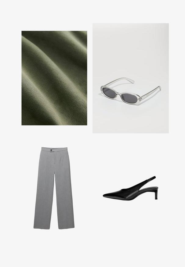 Olivengrøn stof med en glat tekstur, der har subtile ribber og bølger, som viser et let og strækbart materiale.; Grå skræddersyede bukser med bred ben, flad front og subtil tekstur. Har en enkelt knaplukning og rene linjer.; Sorte læderslingback-sko med spids tå, lav hæl og udskæringsdesign i siderne. Glat tekstur med et slankt udseende.; Solsikker med oval form, klar plastramme, mørkegrå linser og tynde gennemsigtige arme med logovariationer og minimal detaljer.; Sort flettet lædertaske med en rund form, flere flettehanke, lynlåslukning og en justerbar skulderrem. Tekstureret overflade.