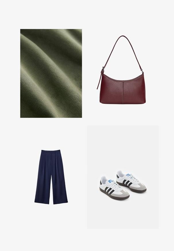 Olivno zelena tkanina z gladko teksturo, ki vsebuje subtilne reliefne in valovite vzorce, prikazuje lahko in raztegljivo material.; Mornarsko modri široki hlače z naborki, gumbi v pasu in zankami za pas, prikazane na ravni beli ozadju.; Športni čevlji z belim usnjenim zgornjim delom, sivim semišem na prstih in tremi črnimi črtami. Imajo modro logo na jeziku in teksturiran gumijast podplat.; Bordo usnjeni ročni torbici s ukrivljeno obliko, enim ramenskim trakom in šivanjem na sredini. Gladka tekstura, minimum kovinskih dodatkov.