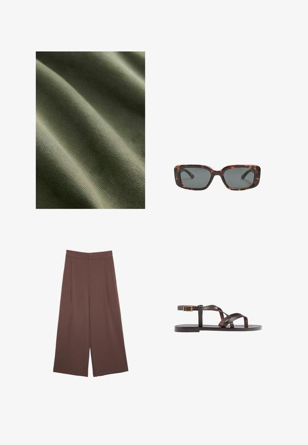 Tkanina w oliwkowym odcieniu o gładkiej teksturze, z subtelnymi prążkami i falami, pokazująca lekką, elastyczną strukturę.; Brązowe spodnie o szerokich nogawkach z gładką fakturą, z wysokim stanem i plisami z przodu. Materiał jest lekki i luźno opada.; Brązowe skórzane sandały z krzyżującymi się paskami, zapięciem na klamrę przy kostce oraz płaską podeszwą z minimalnymi detalami szycia.; Okulary przeciwsłoneczne w kratkę w kształcie prostokątnym, z grubymi oprawkami i ciemnymi szkłami. Gładka faktura i minimalistyczny design.