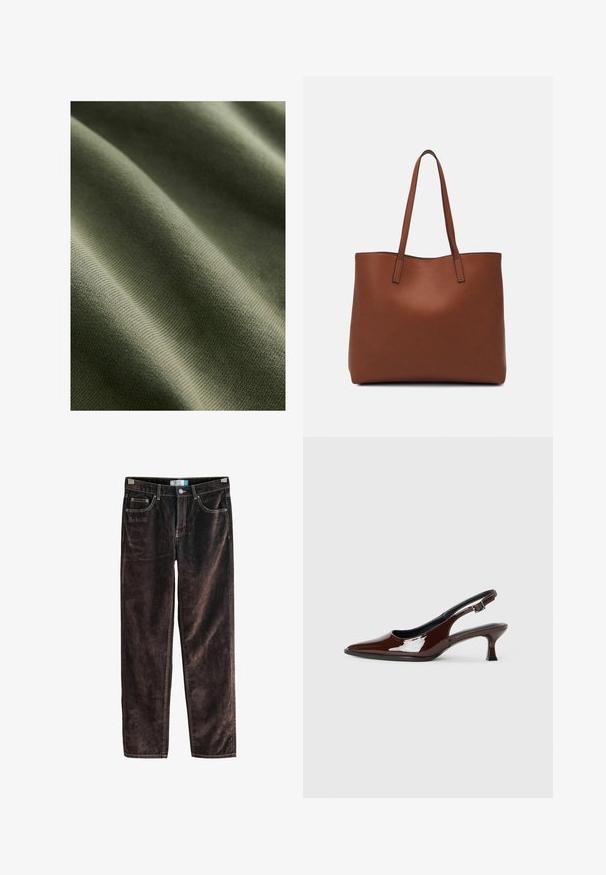 Olivgrüner Stoff mit glatter Textur, der subtile Rillen und Wellen aufweist und ein leichtes, dehnbares Material präsentiert.; Braune Cordhosen mit geradem Bein, fünf Taschen, kontrastierenden Nähten und einem Knopfverschluss an der Taille. Weicher Stoff mit gerippter Struktur.; Braune Lackleder-Slingback-Schuhe mit spitzer Zehe und moderatem Absatz. Mit einem Schnallenriemen für einen sicheren Sitz. Glatte Textur.; Braune Leder-Tote mit glatter Textur, offenem Oberteil und zwei Schulterriemen. Verfügt über minimale Nähte und keine sichtbaren Beschläge.