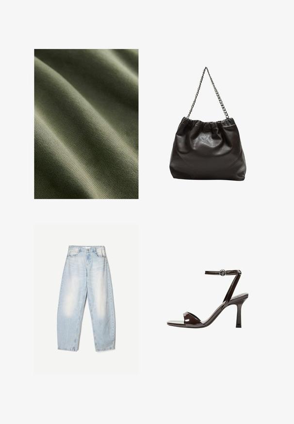Olive green fabric with a smooth texture, featuring subtle ridges and waves, showcasing a lightweight, stretchy material.; Light blue denim jeans with a loose fit, featuring a faded finish, two front pockets, and a button closure at the waistband.; Brown patent leather high-heeled sandal with an ankle strap, open toe, and a sleek, minimalist design. Features a square heel.; Brown leather bag with a gathered top and a chain strap. Smooth texture with a glossy finish and subtle seam detailing on the sides.