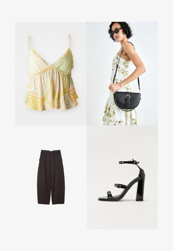 Camiseta s cvetnim vzorcem in nabranimi naramnicami, ki vključuje mešanico svetlo zelene, rumene in breskev vzorcev. Mehka, lahka tkanina.; Črne široke hlače iz gladkega materiala, z visokim pasom, zgornjimi pregibi in stranskimi žepi. Preprost dizajn brez okrasnih elementov.; Črne lakirane sandale s peto, kvadratnim prstom, trakovi okrog gležnja in srebrnimi zaponkami. Opremljene so s stabilno Debelo peto.; Črna usnjena torbica s ukrivljeno obliko, z odstranljivo naramnico in zlatimi dodatki. Torbica ima pokrov s podrobnostmi v obliki zaponke.