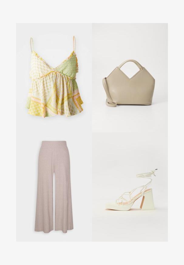 Top in camicia con stampa floreale e spalline a volant, caratterizzato da un mix di motivi verde chiaro, giallo e pesco. Tessuto morbido e leggero.; Pantaloni larghi grigi chiari realizzati in morbido tessuto a coste, con vita alta e gambe a lunghezza completa con una delicata texture.; Sandalo bianco con tacco alto, caratterizzato da un design a cinturini e un legaccio alla caviglia. Texture liscia con una piattaforma frontale per un'altezza aggiuntiva.; Borsa a mano strutturata beige con un'apertura a V, in pelle liscia, manici corti e una lunga tracolla regolabile. Design minimalista.