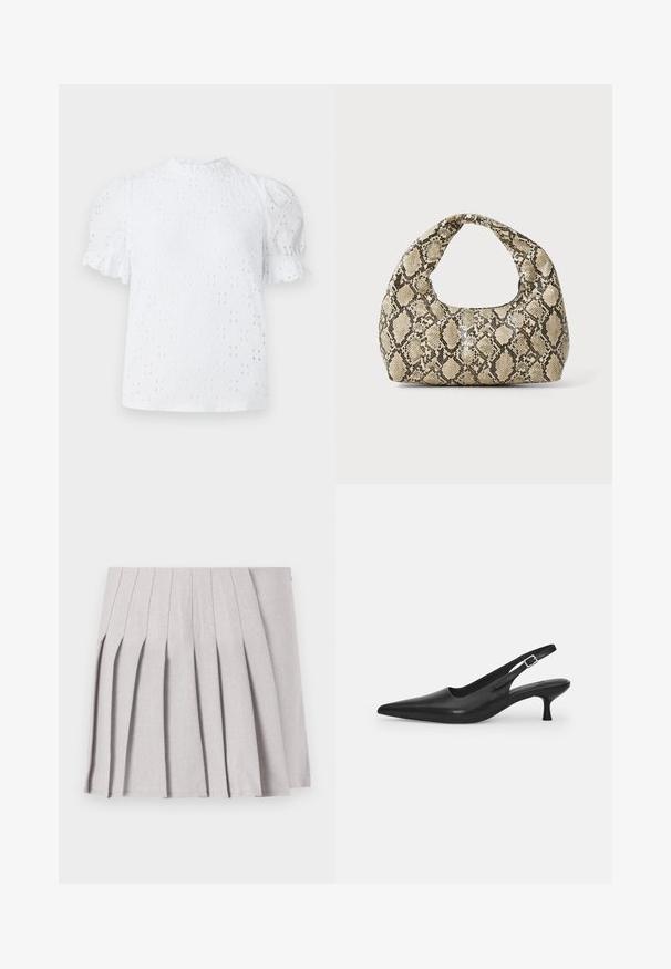 Weiße kurzärmlige Bluse mit hohem Rüschkragen, mit Lochmuster und schmaler Passform mit Puffärmeln.; Grauer plissierter Rock mit glatter Textur, der mehrere vertikale Falten und eine taillierte Taille aufweist. Hergestellt aus leichtem Stoff.; Schwarzer Leder-Slingback-Schuh mit spitzer Zehenform und schmalem, geschwungenem Absatz. Verfügt über einen unauffälligen verstellbaren Riemen mit einer Metallschnalle.; Schlangenmuster-Tasche mit einem gebogenen Griff. Hergestellt aus strukturierten, beige- und braunfarbenen Materialien, die ein markantes Diamantmuster aufweisen.