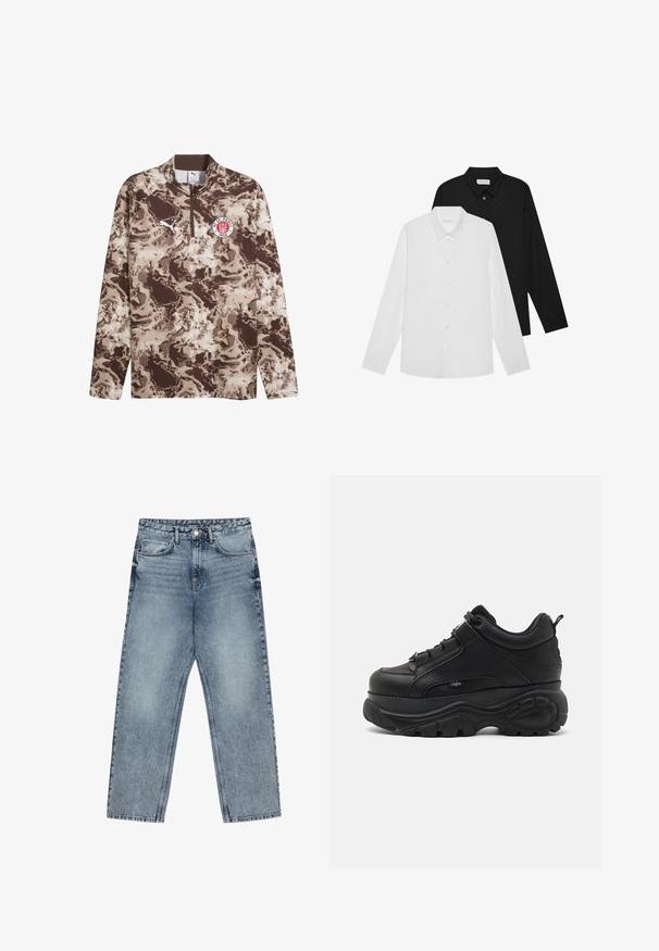 Bespalvs un bēšs garām piedurknēm puloveris ar rāvējslēdzēja apkakli, teksturēts kamuflāžas raksts, balts Puma simbols un FC St. Pauli emblēma uz krūtīm.; Baltas un melns garām piedurknēm krekls ar norādītām apkaklēm, priekšējiem pogām un gludu auduma tekstūru. Etiķetes redzamas iekšējā kakla daļā.; Gai zilu džinsu bikses ar taisnu kāju griezumu, redzamām šuvēm, piecu kabatu dizainu un pogu aizdari jostasvietā.; Melni ādas chunky sporta apavi ar biezu gumijas zoli, elegantu dizainu un teksturētām akcentiem. Iekļauti auklas un vilkšanas cilpa uz papēža.