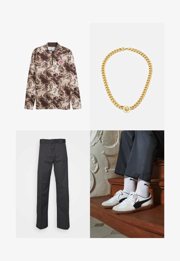 Pruuni ja beež pikka varrukaga pullover, millel on tõmbluku kaelus, tekstuuriga kamuflaažimuster, valge Puma logo ja FC St. Pauli embleem rinnal.; Mustadest kangast püksid, mis on valmistatud vastupidavast materjalist, sirge jala disainiga, vöökoha jaoks nööbid ja õmblused lisatekstuuri saavutamiseks.; Puma tossud valgest ja mustast südamikust, millel on pruun kummi tall. Kombineeritud valgete sokkidega, millel on must logo, kantud tumedate pükstega.; Kuldne kett kaelakee suurte omavahel ühendatud linkidega, mille keskel on ringikujuline ripats, millel on kõrgendatud emblem.