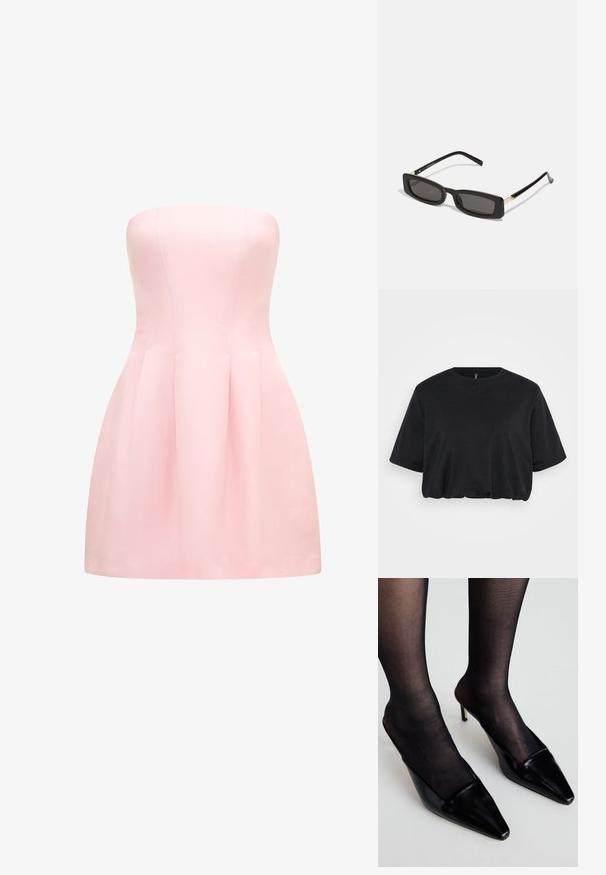 Black cropped t-shirt made of soft cotton, featuring a crew neck and short sleeves with a relaxed fit and slight gathering at the hem.; Strapless dress in soft pink fabric, featuring a fitted bodice and pleated skirt. Smooth texture with clean stitching details.; Black patent leather mules with a pointed toe and a low-cut design. Features a thin heel and paired with black sheer stockings.; Black rectangular sunglasses with dark lenses, glossy plastic frames, and gold accents on the temples. Minimalist design and sleek shape.; Black fabric handbag featuring a tied bow accent, rounded shape, textured surface with small patterns, and a single, thin handle.