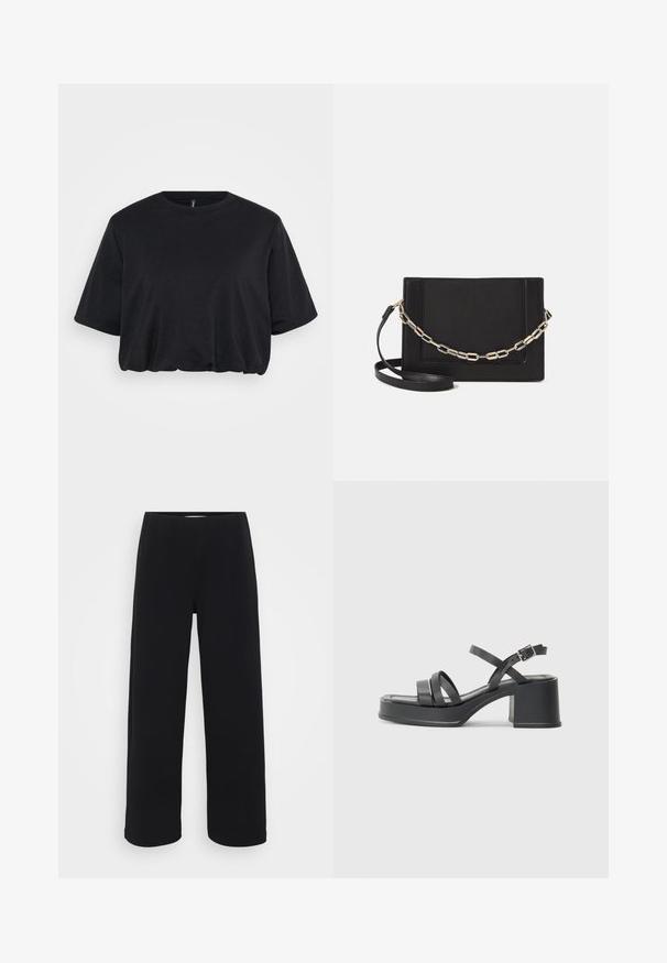 Black cropped t-shirt made of soft cotton, featuring a crew neck and short sleeves with a relaxed fit and slight gathering at the hem.; Black wide-leg pants with an elastic waistband. Made from a textured material, featuring a loose fit and straight cut from hips to hem.; Black heeled sandals with multiple narrow straps and a round toe. The heel is block-shaped with a smooth texture. Adjustable buckle closure.; Black leather crossbody bag featuring a smooth texture, rectangular shape, and a metallic chain detail on the front. Adjustable strap included.