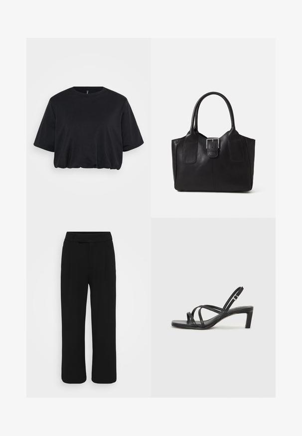 Melna īsa t-kreklu T-krekls, kas izgatavots no mīksta kokvilnas, ar apaļu kakla izgriezumu un īsām piedurknēm, brīvā piegriezumā un nelielu savilkumu ap apakšmalu.; Melnas platās bikses, izgatavotas no gludas auduma, ar plakanu priekšpusi, jostu cilpiņām un bez redzamām kabatām. Tīrs, šūts dizains.; Melnas strappy sandales ar kvadrātveida purngaliem un zemu bloku papēdi. Ievērojamas ar vairākiem plāniem siksniņām un regulējamu potītes siksniņu. Izgatavotas no gludas ādas.; Melnas ādas somiņa ar gludu tekstūru, strukturētu formu, divām rokturām un izteiktu sudraba sprādzi priekšpusē.