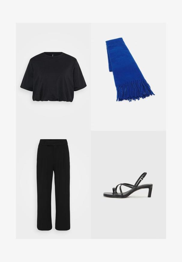 Must must-särk, mis on valmistatud pehmest puuvillast, mõnusalt laia kraega ja lühikeste varrukatega, lõdva lõike ja veidi kogumisega hemmi ääres.; Mustad laiad püksid, mis on valmistatud siledast kangast, sirge esiotsaga, vööloopide ja nähtamatute taskuteta. Puhtad, vormikohased jooned.; Mustast rihmajalatsid ruudukujulise varba ja madala ploki kontsaga. Omab mitmeid õhukesi rihmasid ja reguleeritavat pahkluu rihma. Valmistatud siledast nahast.; Sinine kudumisega sall, millel on soonilised otstes, sile tekstuur, ristküliku kujuga ja ühtlane värv kogu ulatuses. Sobib külmade ilmade jaoks.