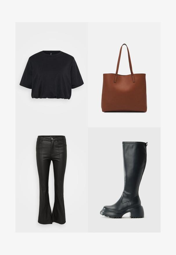 Must must-särk, mis on valmistatud pehmest puuvillast, mõnusalt laia kraega ja lühikeste varrukatega, lõdva lõike ja veidi kogumisega hemmi ääres.; Mustad flared püksid läikiva, nahataolise tekstuuriga, ees taskutega, nööpkinnitusega ja külgsliteedega alläärs.; Kõrge must nahksaapad, millel on massiivne platvormi tald ja blokk-kand, varustatud tõmbenööriga ja tekstuuriga väljatõmbejääk.; Pruun nahast tote-kott, millel on sile tekstuur, avatud ülaosa disain ja kaks õlarihma. Omab minimaalset õmblust ja nähtavat riistvara ei ole.