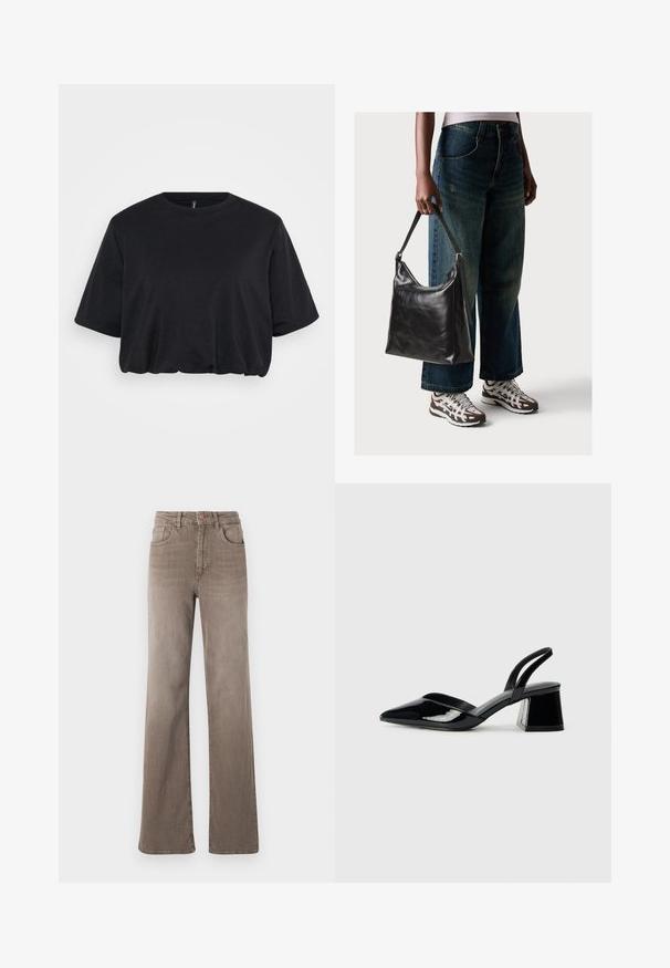 T-shirt cropped preto feito de algodão suave, apresentando um decote redondo e mangas curtas com um corte descontraído e ligeira franzido na bainha.; Jeans castanhos de cintura alta, de perna reta, com botão frontal, passantes para cinto e design clássico de cinco bolsos em fundo branco.; Sandy em verniz preto com salto slingback, ponta afilada e salto geométrico. Apresenta um design elegante e minimalista com textura suave.; Bolsa de ombro em couro preto com textura suave e alça ajustável, combinada com jeans de perna larga desbotados e ténis desportivos.