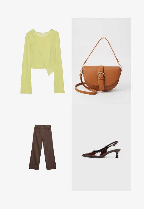 Limegrünes, langärmliges Crop-Top mit rundem Ausschnitt und asymmetrischem Saum. Leichtgewichtig, mit gerippter Textur und dekorativen Nähten.; Weite braune Jeans aus Denim, mit hoher Taille, Fronttaschen und klassischem Knopfverschluss. Glatte Textur mit feinen Nähten.; Braune Lackleder-Slingback-Schuhe mit spitzer Zehe und moderatem Absatz. Mit einem Schnallenriemen für einen sicheren Sitz. Glatte Textur.; Braune Leder-Crossbody-Tasche mit geschwungener Form, goldfarbenen Beschlägen und einer Schnallenakzentuierung. Verfügt über einen abnehmbaren Schultergurt.