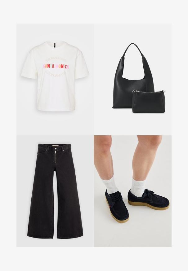 Biała bawełniana koszulka z krótkim rękawem. Ozdobiona pastelowym graficznym napisem "SANTA MONICA" oraz "CALIFORNIA '95" w różnych kolorach.; Jeans o szerokich nogawkach w czarnym denienie z zamkiem błyskawicznym z przodu, pięcioma kieszeniami i subtelnymi detalami przeszycia. Gładka tekstura i swobodny styl.; Granatowe zamszowe buty z okrągłym noskiem, z sznurowanym zapięciem i kremową gumową podeszwą. W zestawie z białymi skarpetkami z prążkami do kostek.; Even&Odd - Torebka