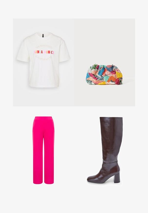Witte katoenen T-shirt met korte mouwen. Bevat pastel gekleurde grafische tekst met de woorden "SANTA MONICA" en "CALIFORNIA '95" in verschillende kleuren.; Heldere roze wijde broek met een soepele textuur en een hoge taille. Gemaakt van lichte stof voor comfort en bewegingsvrijheid.; Bruine leren kniehoge laarzen met een vierkante neus en een forse hak. De afwerking is glanzend, wat de gladde textuur en ontwerp lijnen accentueert.; Kleurrijke geweven clutchbag met verschillende patronen in roze, blauw, groen en geel, met textuurelementen en decoratieve accenten.; Gouden hoepel oorbellen met een gladde, ronde vorm. Voorzien van een kleine scharnierluiting, lichte uitstraling en een gepolijste afwerking.
