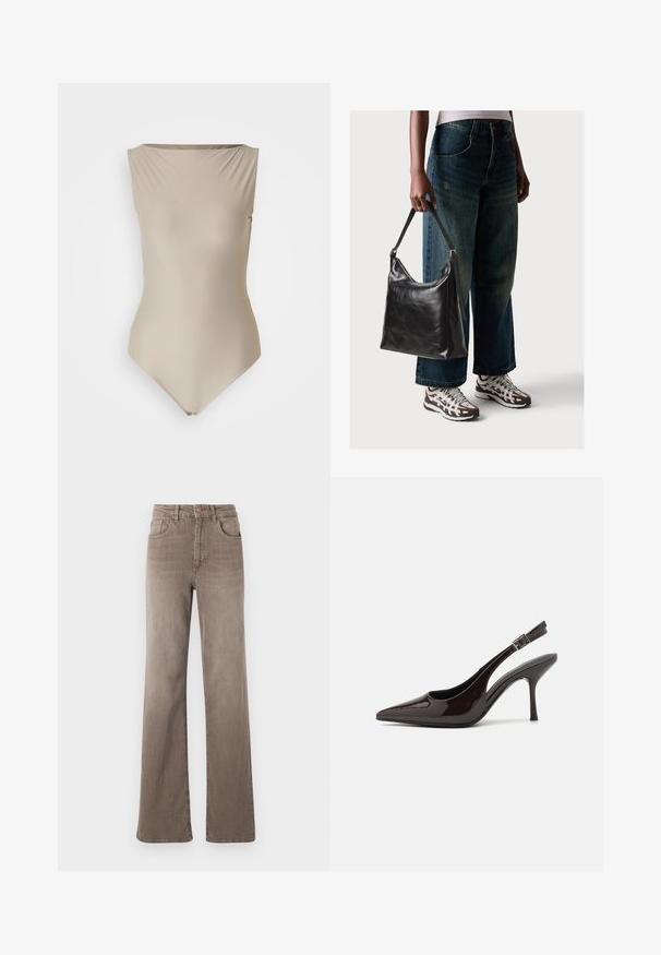 Béžový body s výstrihom do lode, bezrukávový dizajn a hladká, elastická látka. Obsahuje vysoko strihané nohavičky a patentku na spodnej časti.; Hnedé high-waist rovné džínsy so zapínaním na prednej strane, pútkami na opasok a klasickým dizajnom s piatimi vreckami na bielom pozadí.; Slingback vysoké opätky v lesklej tmavohnedej lakovej koži, so špicatou špičkou, otvorenými stranami a nastaviteľným remienkom na členku.; Čierna kožená taška cez rameno s hladkou textúrou a nastaviteľným popruhom, skombinovaná s vyblednutými širokými džínsy a športovými teniskami.