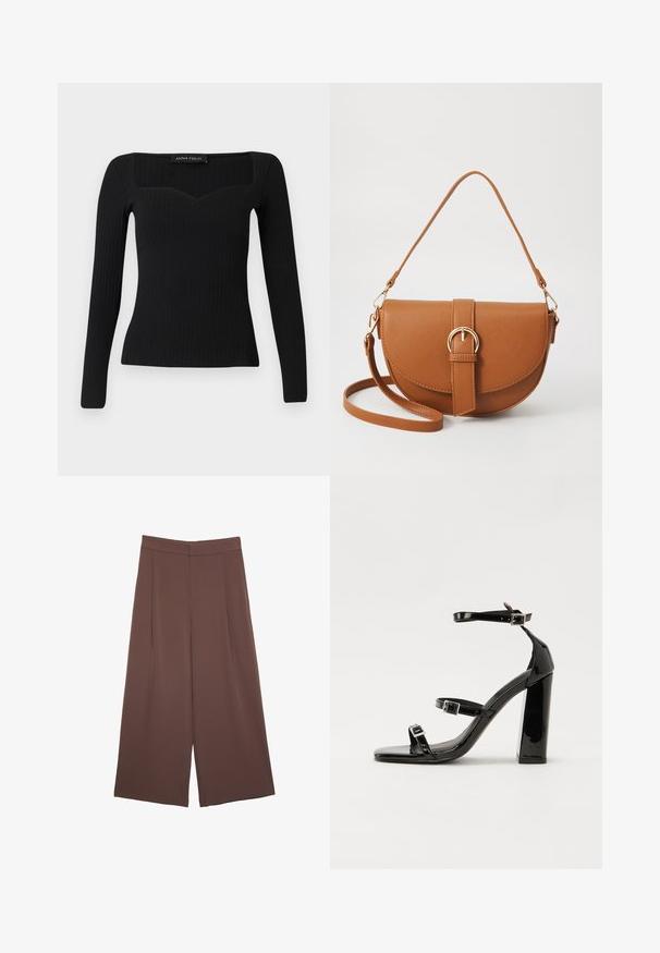 Schwarzes langärmliges Rippenoberteil mit einem quadratischen Ausschnitt, das eine leicht herzförmige Silhouette und einen enganliegenden Schnitt aufweist.; Braune Weite-Leg-Hosen mit einer glatten Textur, hoher Taille und Vorderfalten. Der Stoff ist leicht und fällt locker.; Schwarze patentierte Sandalen mit Absatz, quadratischer Spitze, Knöchelriemen und silbernen Schnallen. Mit einem stabilen Blockabsatz für mehr Stabilität.; Braune Leder-Crossbody-Tasche mit geschwungener Form, goldfarbenen Beschlägen und einer Schnallenakzentuierung. Verfügt über einen abnehmbaren Schultergurt.