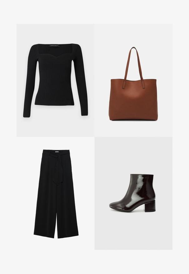 Top lung cu mânecă lungă, striat, de culoare neagră, cu decolteu pătrat, având o ușoară formă de inimă și un design ajustat.; Pantaloni largi negri dintr-un material texturat, cu un tiv elastic și o panglică detașabilă la talie pentru un fit ajustabil.; Botine negre din piele lăcuită, cu vârful ascuțit și toc robust. Textură netedă cu un luciu subtil și linii curate, design minimalist.; Geantă de umăr din piele maro cu o textură netedă, design cu vârf deschis și două curele pentru umăr. Prezintă cusături minime și fără componente metalice vizibile.