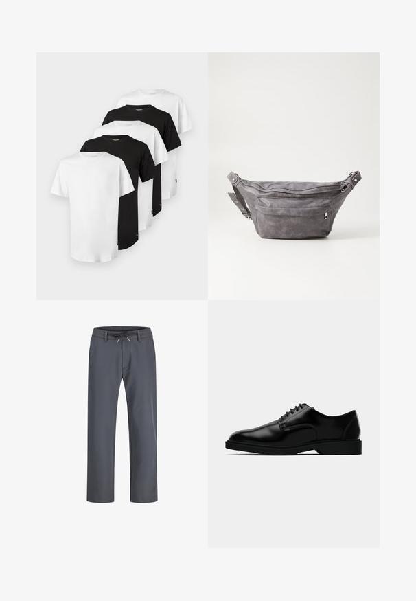 Viis T-särki: kolm valget ja kaks musta. Klassikaline ümmarguse kaelusega disain, lühikesed varrukad, puuvillane kangas, sile tekstuur, tavaline lõige.; Hallid hallid elastse vööga püksid, millel on nööri tõmbamine. Sirge jala disain, valmistatud siledast kangast, millel on minimaalne õmblus ja nähtavat riistvara pole.; Mustad musta nahast kleitking, millel on sile viimistlus, ümmargune varvas, nööriga disain ja tagasihoidlik kummist tald haardeks.; Hallikate nahast vöö kott, millel on ümar kuju, kaks tõmblukuga taskut ning reguleeritav rihm. Varustatud metallist detailide aktsentidega.