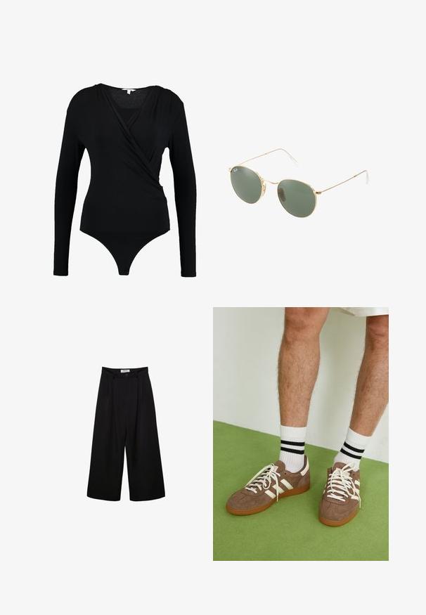 Schwarzer Langarm-Bodysuit mit Wickeldesign, das eine glatte Textur und einen tiefen V-Ausschnitt bietet. Der Boden hat einen Tanga-Schnitt.; Schwarze weite Hosen mit hoher Taille, gefaltetem Vorderteil und Knopfverschluss. Aus glattem Stoff mit maßgeschneidertem Design.; Braune Wildleder-Sneaker mit weißen Akzenten und Schnürsenkeln. Gummisohle in Kautschuk-Optik. Getragen mit weißen Socken, die schwarze Streifen haben. Grüner strukturierter Fußboden.; Sonnenbrille mit goldfarbenem Metallrahmen und grünen Gläsern, runder Form, dünnen Bügeln und weißen Kunststoffakzenten an den Enden der Bügel.