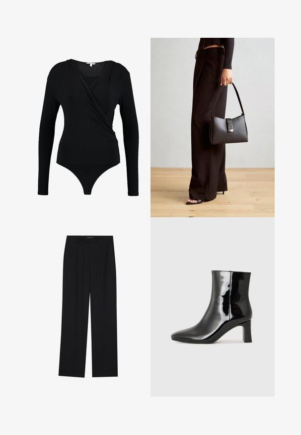 Črni bodi z dolgimi rokavi in zavitim dizajnom, ki se ponaša z gladko teksturo in globokim V-izrezom. Dno ima thong pokritost.; Črne hlače s ravnim krojem, ki imajo dva sprednja žepa in pas. Narejene so iz gladkega, lahkega materiala.; Črne lakirane gležnjarje z ošiljenim nosom in srednje visokim blokastim peto. Gladka tekstura in minimalističen dizajn.; Črna torbica z strukturirano obliko, gladko teksturo in kovinskim zaponko. Ujemajo se z širokimi črnimi hlačami in odprtimi sandali na lesenem tleh.