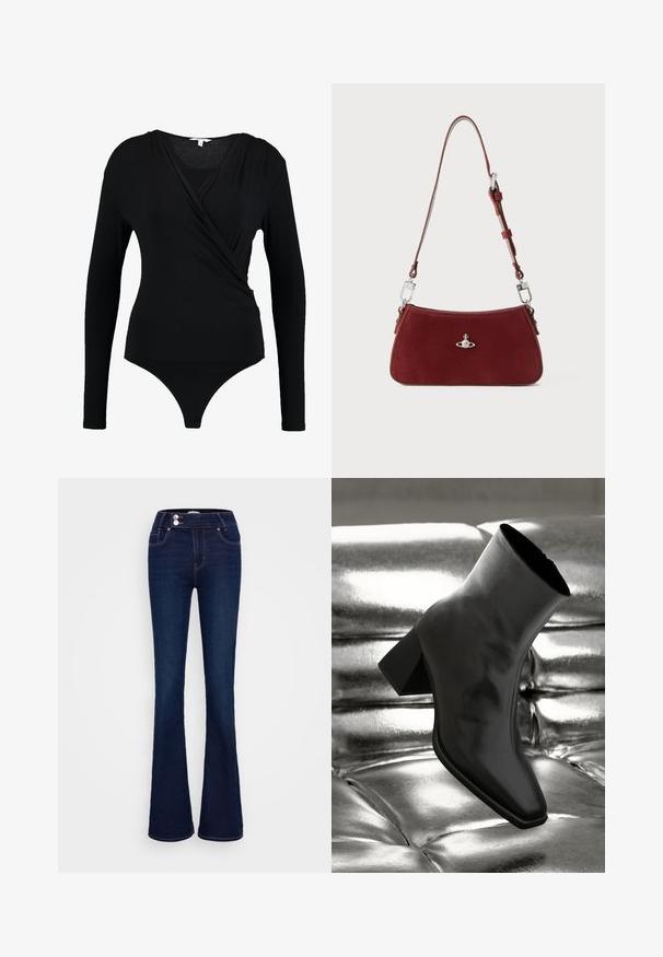 Black long-sleeve bodysuit with a wrapped design, featuring a smooth texture and a deep V-neck. The bottom has thong coverage.; Dark blue flared jeans featuring a high-rise waist, two front pockets, and two button closures. Made from denim with a smooth texture.; Black ankle boot made of glossy material with a square toe and tapered heel, set against a shiny silver tufted background.; Red suede shoulder bag with a curved shape. Features a silver-tone accent and adjustable strap with hardware detailing. Smooth texture.