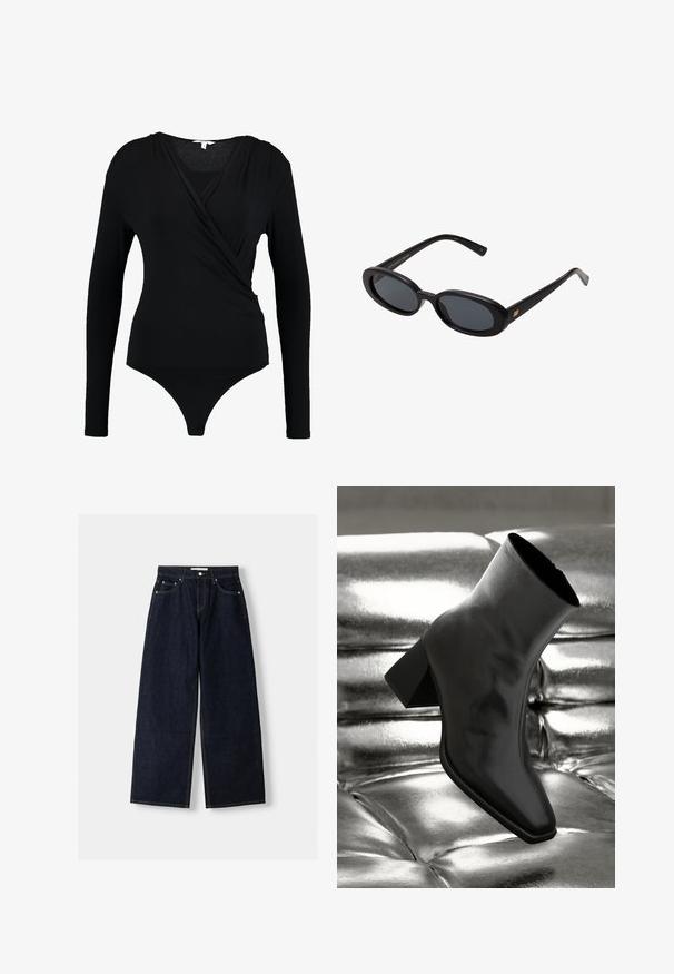 Schwarzer Langarm-Bodysuit mit Wickeldesign, das eine glatte Textur und einen tiefen V-Ausschnitt bietet. Der Boden hat einen Tanga-Schnitt.; Dunkelblaue, weite Jeans mit hoher Taille, fünf Taschen, Kontrastnähten und silbernem Metallzubehör. Glatte Textur und saubere Verarbeitung.; Schwarzer Knöchelstiefel aus glänzendem Material mit quadratischer Zehenform und verjüngtem Absatz, vor einem glänzenden silbernen gepolsterten Hintergrund.; Schwarze, oversized Sonnenbrillen mit ovalen Gläsern, glattem Kunststoffrahmen und goldenen Akzenten an den Bügeln. Die dunklen Gläser bieten Sonnenschutz.