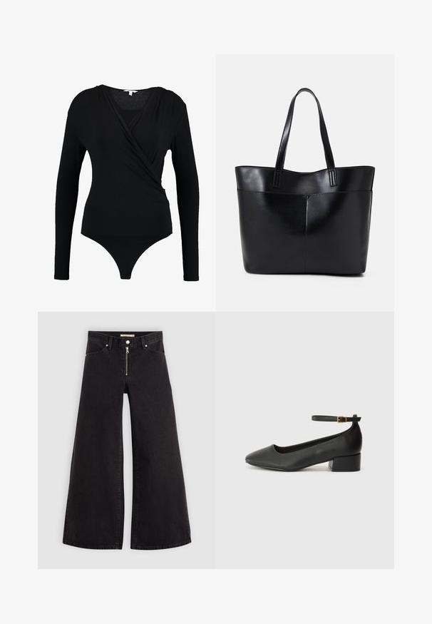 Zwarte longsleeve bodysuit met een gewikkeld ontwerp, voorzien van een soepele textuur en een diepe V-hals. De onderkant heeft een stringbedekking.; Wijdvallende jeans van zwarte denim met een ritssluiting aan de voorkant, vijf zakken en subtiele stikdetails. Soepele textuur en casual stijl.; Zwarte leren pump met een spitse neus en een lage blokhak. Beschikt over een enkelband met een goudkleurige gespsluiting. Gladde textuur.; Zwarte leren tote bag met twee lange handvatten, een zachte textuur en een gestructureerde vorm. Voorzien van een voorvak voor extra opslagruimte.