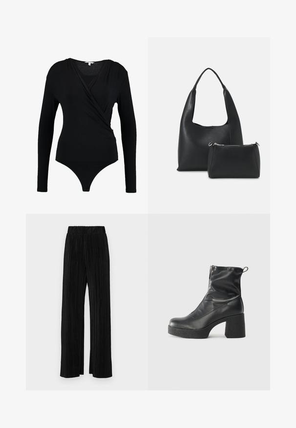 Melnas garām piedurknēm bodijs ar apvīto dizainu, kam ir gluda tekstūra un dziļa V-veida izgriezums. Apakšdaļai ir tanga pārklājums.; Melni plīšu bikses ar elastīgu jostu. Tām ir platākas kājas un gluda, teksturēta auduma ar vertikālām svītrām.; Melni potītes zābaki, kas izgatavoti no gludas ādas, ar sānu rāvējslēdzēju, masīvu strukturētu papēdi un noapaļotu purngalu.; Even&Odd Rokassoma - black