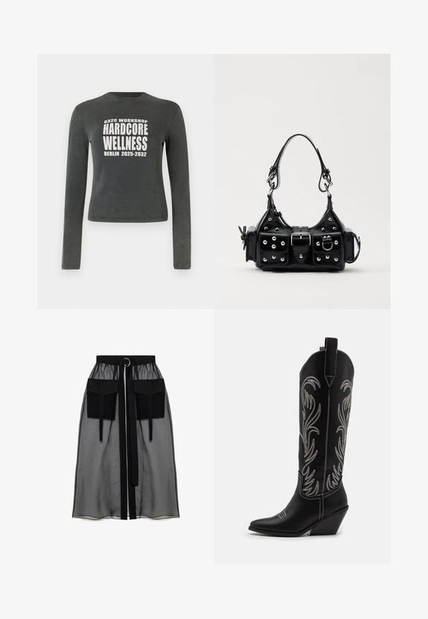 Mörkgrå långärmad tröja med vit text "032C Workshop Hardcore Wellness Berlin 2025-2032" centrerad på framsidan.; Svart genomskinlig kjol med en rynkad midja, utrustad med två stora framfickor, ett midjesnöre och en cirkulär metallaccent.; Svarta lädercowboystövlar med spetsiga tår, kilklackar och silverbroderade blommönster längs skaftet. Kontraststickning genom hela stöveln.; Svart läderhandväska med en kurvad design, prydd med silverfärgade nitar, ett spänne och två sidofickor. Justerbar rem för olika bäralternativ.