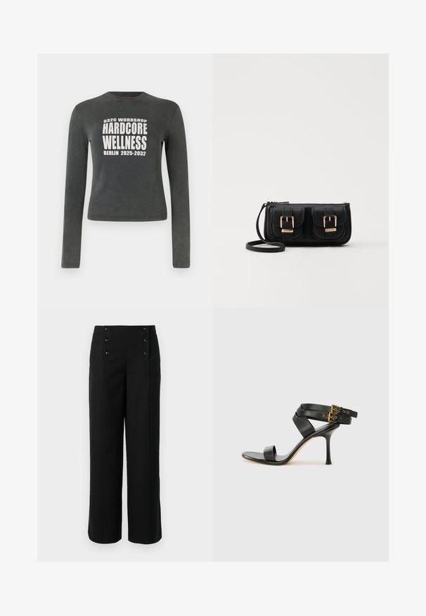 Mørkegrå langermet skjorte med hvit tekst "032C Workshop Hardcore Wellness Berlin 2025-2032" sentrert på forsiden.; Sorte vide benbukser laget av glatt stoff, med høy midje og fem frontknapper for lukking. Elegant, skreddersydd design.; Svarte hælsandaler med kryssende stropper og justerbar spenne. Har en jevn tekstur og avsmalnende stilettoklakk.; Svart skinn crossbody veske med to frontlommer, gyldne spenner, glidelåslukking og en slank stropp. Teksturert overflate og kompakt rektangulær form.