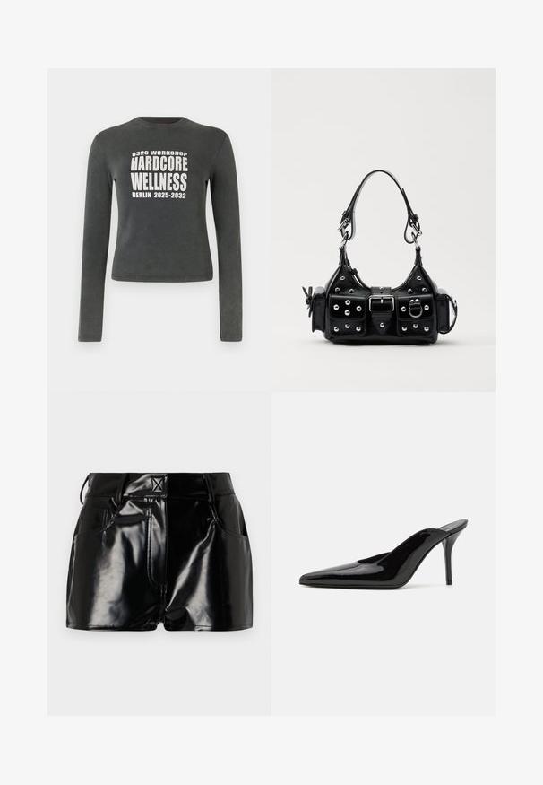 Tamno siva majica dugih rukava s bijelim natpisom "032C Workshop Hardcore Wellness Berlin 2025-2032" centriranim na prednjoj strani.; Crne, sjajne kratke hlače napravljene od sintetičkog materijala. Imaju uski pojas, petljice za pojas i prednje džepove sa istaknutim detaljima šivanja.; Crne lakirane kožne visoke potpetice mule s šiljastim prstom i elegantnom siluetom, s otvorenom poleđinom i vitkom stiletto potpeticom.; Crna kožna torba s zakrivljenim dizajnom, koja sadrži srebrne zakovice, kopču i dva bočna džepa. Podesiva traka za različite opcije nošenja.