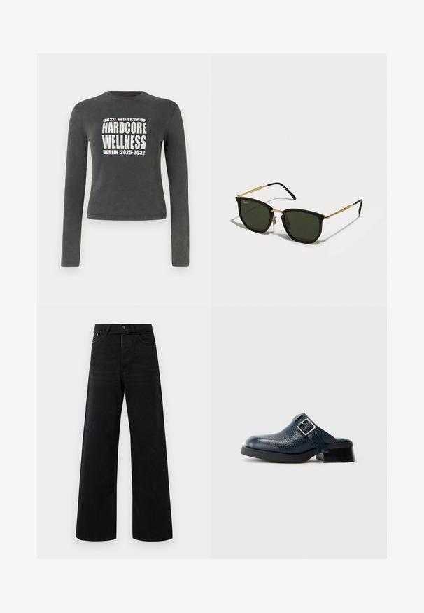 Mørkegrå langermet skjorte med hvit tekst "032C Workshop Hardcore Wellness Berlin 2025-2032" sentrert på forsiden.; Svart høyt liv vide ben jeans med frontknapp, glidelås, beltesløyfer og klassisk fem-lomme-design.; Navy blå lærklump med struktureret finish, udstyret med en sidesnor og sølvspænde, der hviler på en lav sort hæl med en robust sål.; Sorte katteøye solbriller med grønne linser, gullmetallakenter og slanke sorte stenger. Strukturert ramme med et dristig, geometrisk design.