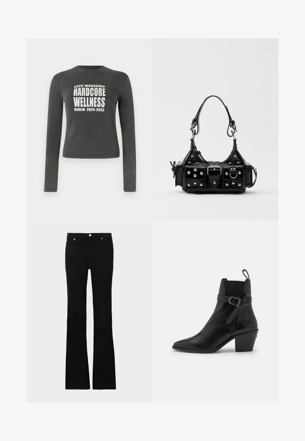 Tumši pelēks ar garām piedurknēm krekls ar baltu tekstu "032C Workshop Hardcore Wellness Berlīnē 2025-2032", kas centrēts uz priekšpuses.; Melni flared džinsi, izgatavoti no džinsa auduma, ar divām priekšējām kabatām, pogu aizdari un gludu tekstūru. Redzamā veikala šuvju rakstība.; Melna ādas potīšu zābaku ar iegrieztu pirkstu, blokveida papēdi un sānu sprādzi. Tam ir gluda virsma un cilpa aizmugurē.; Melnas ādas rokturmais ar izliekumu, ar sudraba iedurtiem, sprādzi un divām sānu kabatām. Regulējams siksniņas garums dažādām nēsāšanas iespējām.