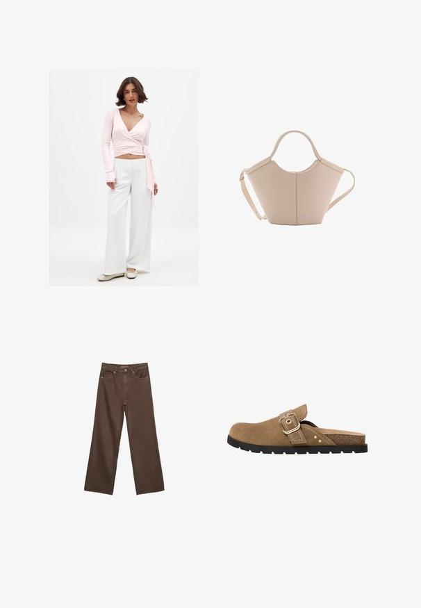Helles rosa Langarm-Wrap-Top mit V-Ausschnitt und Bindedetail, kombiniert mit locker sitzenden weißen weiten Hosen und hellen Schuhen.; Weite braune Jeans aus Denim, mit hoher Taille, Fronttaschen und klassischem Knopfverschluss. Glatte Textur mit feinen Nähten.; Braune Wildleder-Slidesandale mit abgerundetem Zehenbereich, verstellbarem Riemen mit Schnalle und strukturiertem Fußbett. Besitzt eine schwarze Gummisohle mit Rillen.; Beige Lederhandtasche mit einer einzigartigen Form, die zwei kurze Henkel und einen langen verstellbaren Riemen aufweist. Glatte Textur mit minimalen Hardware-Elementen.