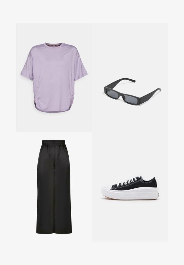 Puma STUDIO TWIST TEE - Spordi T-särk - pale plum; Mustad laiad püksid, mis on valmistatud siledast, läikivast kangast, millel on elastne vöökoht ja ilma nähtavate taskute või riistvara detailideta.; Mustad mustad kingad valgete paeltega, valge kummist varbakattega ja paksu valge vaheosaga. Omab diskreetset valget õmblust ja kummi talla.; Mustad ristkülikukujulised prillid tumepruunide objektiividega ja paksude mattmustade raamidega. Raamide varred on veidi kitsenenud ja neil on sile tekstuur.