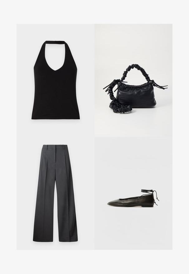 Černý halterneck top s hlubokým výstřihem ve tvaru V, vyrobený z hladkého materiálu. Přiléhavý střih s čistým lemem a odhalenými rameny.; Široké kalhoty z tmavě šedé látky, s vysokým pasem, jedním skladem a hladkou texturou s čistým zakončením na lemech.; Černé kožené baletky s špičatou špičkou, vázáním na kotníku a plochou podrážkou, s hladkým povrchem a minimalistickým designem.; Černá kabelka z umělé kůže s krokodýlím vzorem, staženým vrškem a zmačkaným popruhem. Zdá se, že má měkký a kompaktní design.