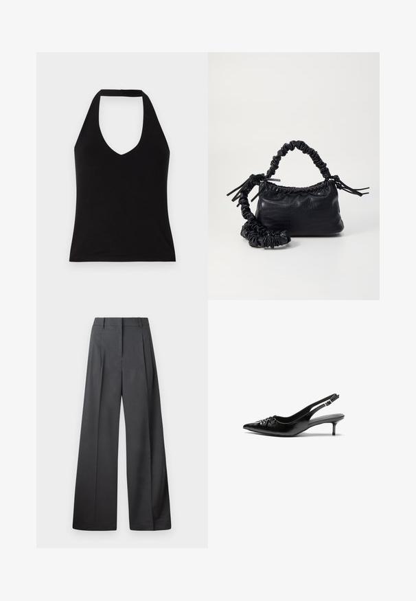 Haut à col halter noir avec un décolleté en V profond, fabriqué en tissu lisse. Forme ajustée avec un ourlet net et épaules dénudées.; Pantalons à jambes larges en tissu gris foncé, avec une taille haute, des plis simples et une texture lisse avec une finition soignée aux ourlets.; Des escarpins en cuir noir à talon slingback, avec un bout pointu, un petit talon kitten et un détail de nœud décoratif à l'avant. Texture lisse sur toute la surface.; Sac à main en simili cuir noir avec une texture crocodile, un dessus resserré et une sangle froncée. A l'apparence douce et compacte.