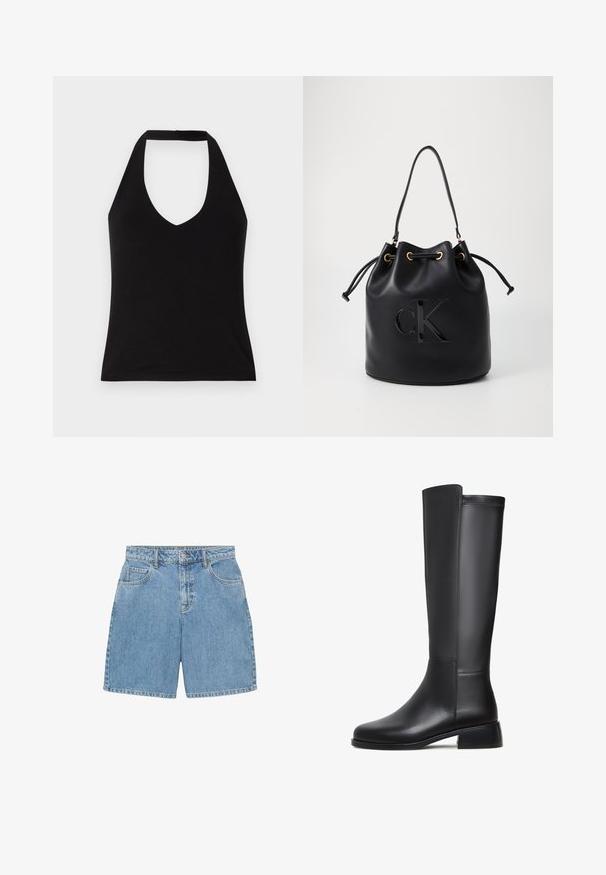 Sort halterneck top med dyb V-udskæring, lavet af glat stof. Tætsiddende pasform med en ren kant og exponerede skuldre.; Denimshorts i lyseblå, med høj talje, fire lommer og synlige syninger. Lavet af tekstureret denimstof.; Sorte læderknæhøje støvler med en glat tekstur, rund tå, lav blokhæl og diskret syning langs siden.; Sort læder bucket bag med snørelukning, der har et glosseret "CK" logo foran og hardware accenter i guld-tone.
