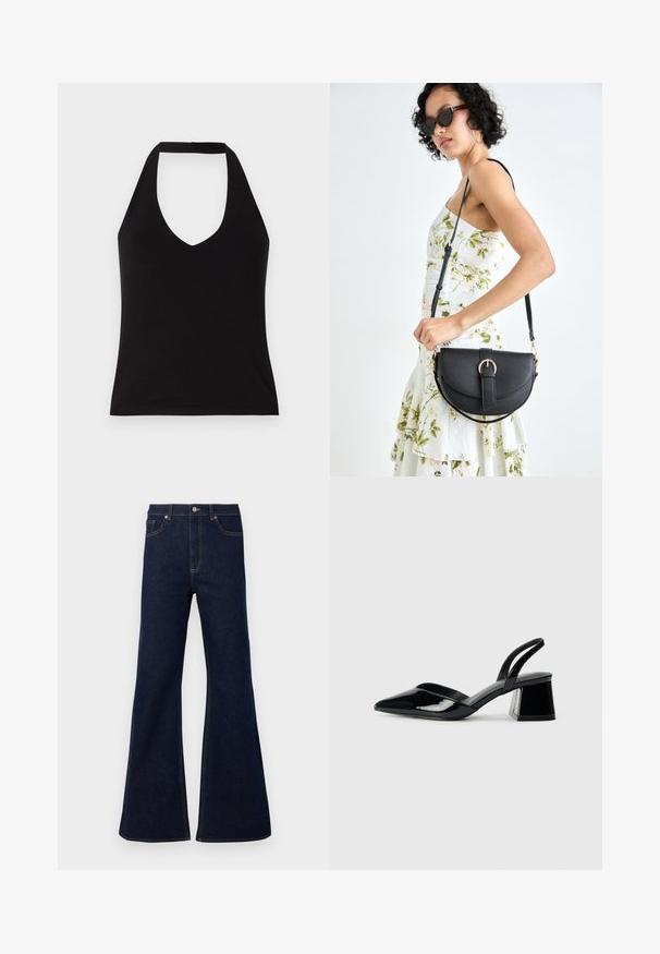 Melna halter top ar dziļu V-veida izgriezumu, izgatavots no gludas auduma. Pieguļošs griezums ar tīru apakšmalu un atklātām plecu daļām.; Tumši zili izplūduši džinsi ar augstu vidukli, priekšējām kabatām un zelta izšuvuma akcentiem. Gluda tekstūra ar tradicionālu griezumu.; Melna lakota āda ar atvērto papēdi, ar smailu purngalu un ģeometrisku blokpapēdi. Iezīmējas elegants, minimāls dizains un gluda tekstūra.; Melnas ādas rokassoma ar izliekta formu, noņemamu siksnu un zelta aksesuāriem. Somai ir vāciņš ar sprādzes detaļu.