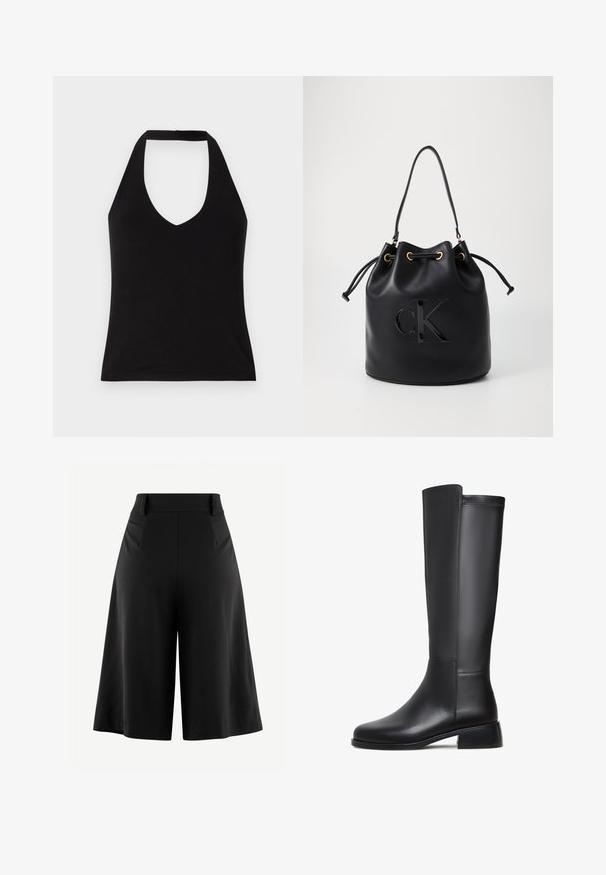 Schwarzes Top mit Halterneck und tiefem V-Ausschnitt, aus glattem Stoff. Figurbetonte Form mit einem sauberen Saum und freiliegenden Schultern.; Schwarzweite Beinhosen mit gefaltetem Vorderteil, hoher Taille und glattem Stofftextur. Verfügt über ein sauberes, minimales Design ohne sichtbare Beschläge.; Schwarze Lederknöchelhöhe Stiefel mit glatter Textur, runder Zehenform, niedrigem Blockabsatz und subtilen Steppnähten an der Seite.; Schwarze Leder-Eimer-Tasche mit Kordelzugverschluss, ausgestattet mit einem glänzenden "CK"-Logo auf der Vorderseite und goldfarbenen Hardware-Akzenten.